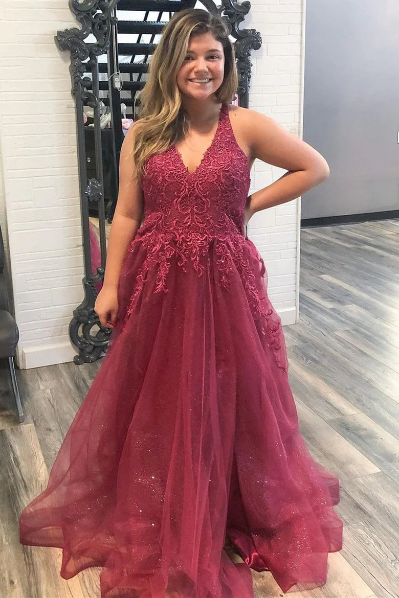 Vestido de fiesta sin mangas con encaje bordado en forma de A